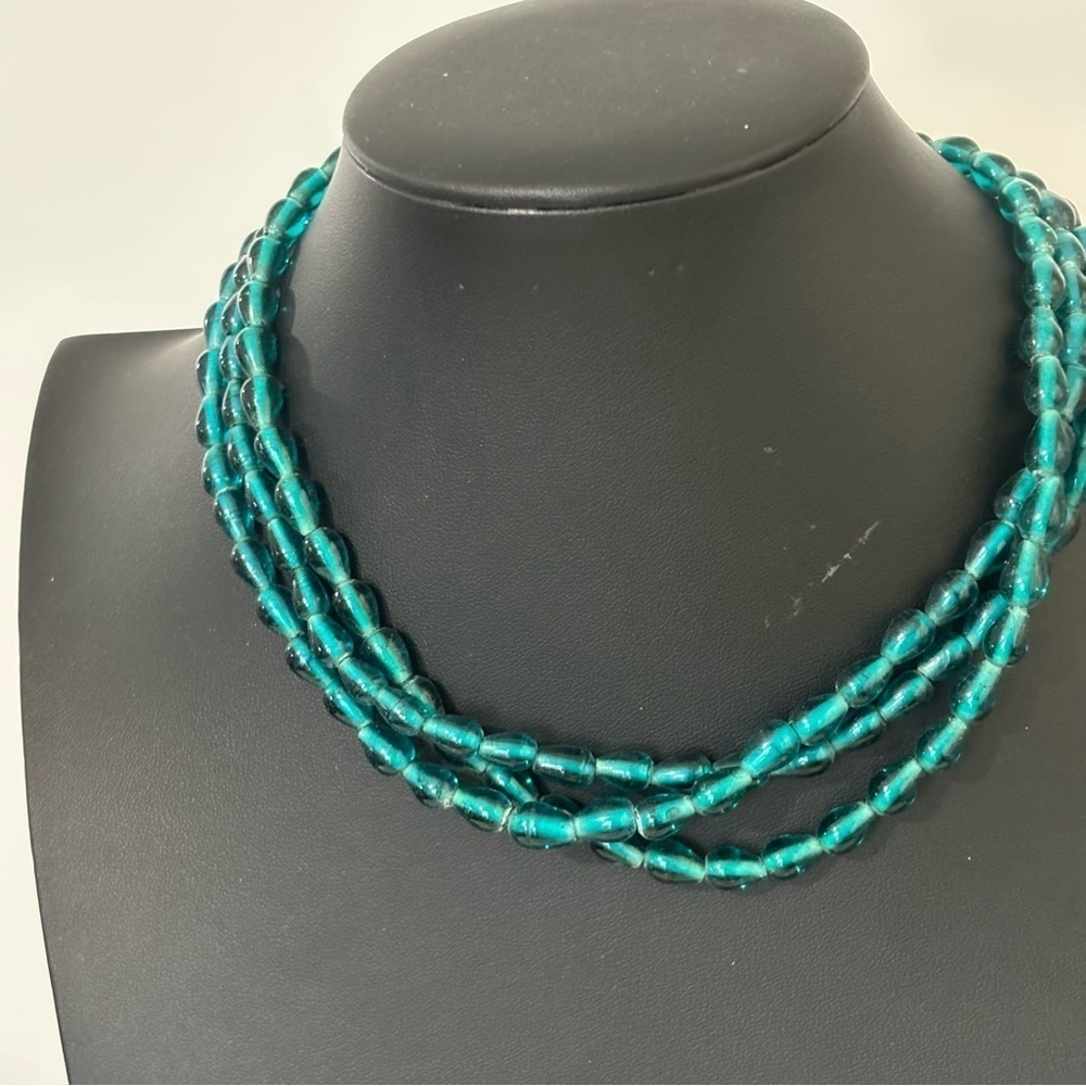 Vintage Antique blue glass beaded necklace with metal flower closure